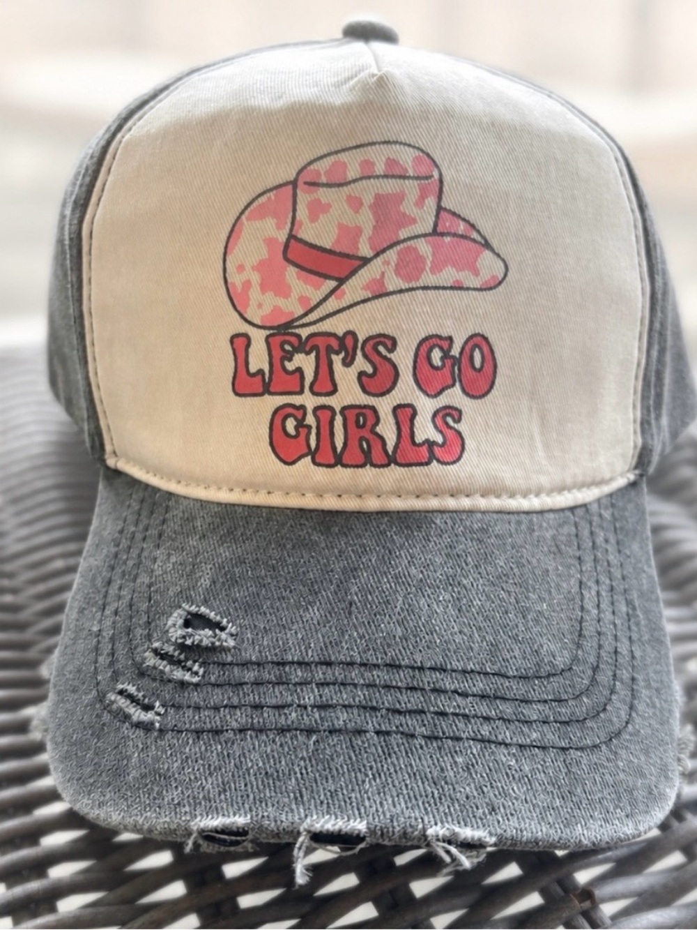 Let’s Go Girls Pink Distressed Graphic Trucker Hat -